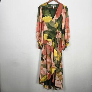 Anthropologie Hutch Geo Maxi Wrap Dress M Multicolor Balloon Sleeve Ruffle Boho